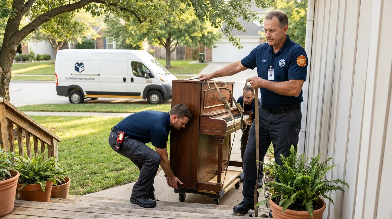 Licensed piano movers securing grand piano in Lebanon, IN