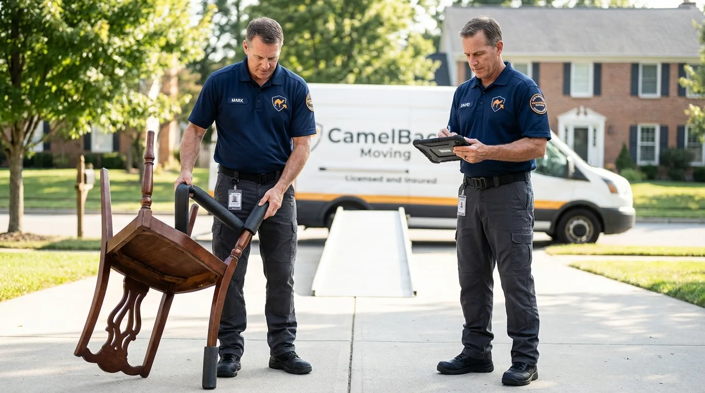Movers inspecting furniture for damage prevention before loading in Lebanon, IN