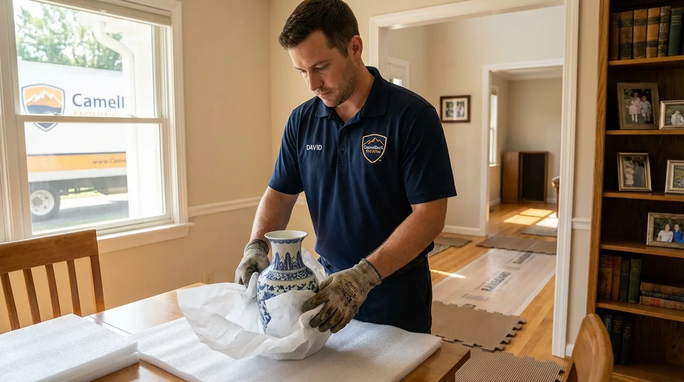 Professional crew carefully wrapping antique vase for senior downsizing move in Lebanon, IN